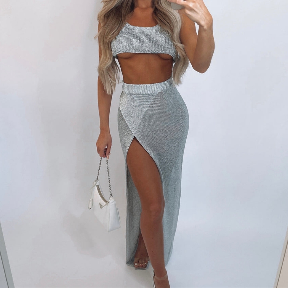 NEW SILVER SHIMMERY CHAIN MESH CROP TOP AND WRAP MAXI HIGH WAISTED SKIRT SET XS